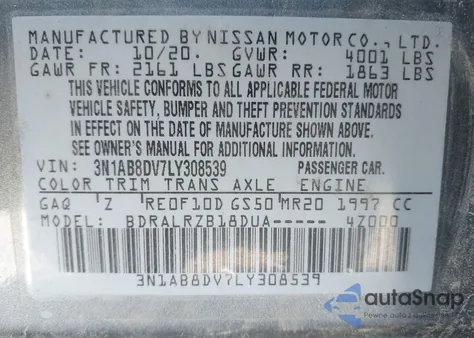 2020 Nissan Sentra Sr Xtronic Cvt z USA, uszkodzony, nr VIN 3N1AB8DV7LY308539